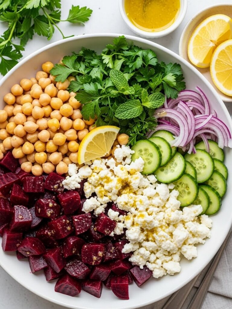 Chickpea Beet Feta Salad with Lemon-Garlic Vinaigrette